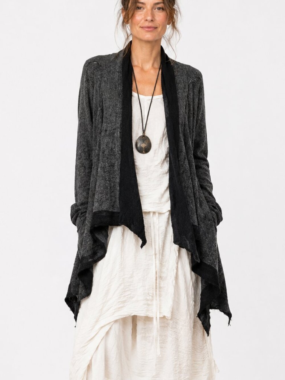 Feel the Piece Cashmere Wool Sweater Cardigan OS Gray Black Artsy Lagenlook Open